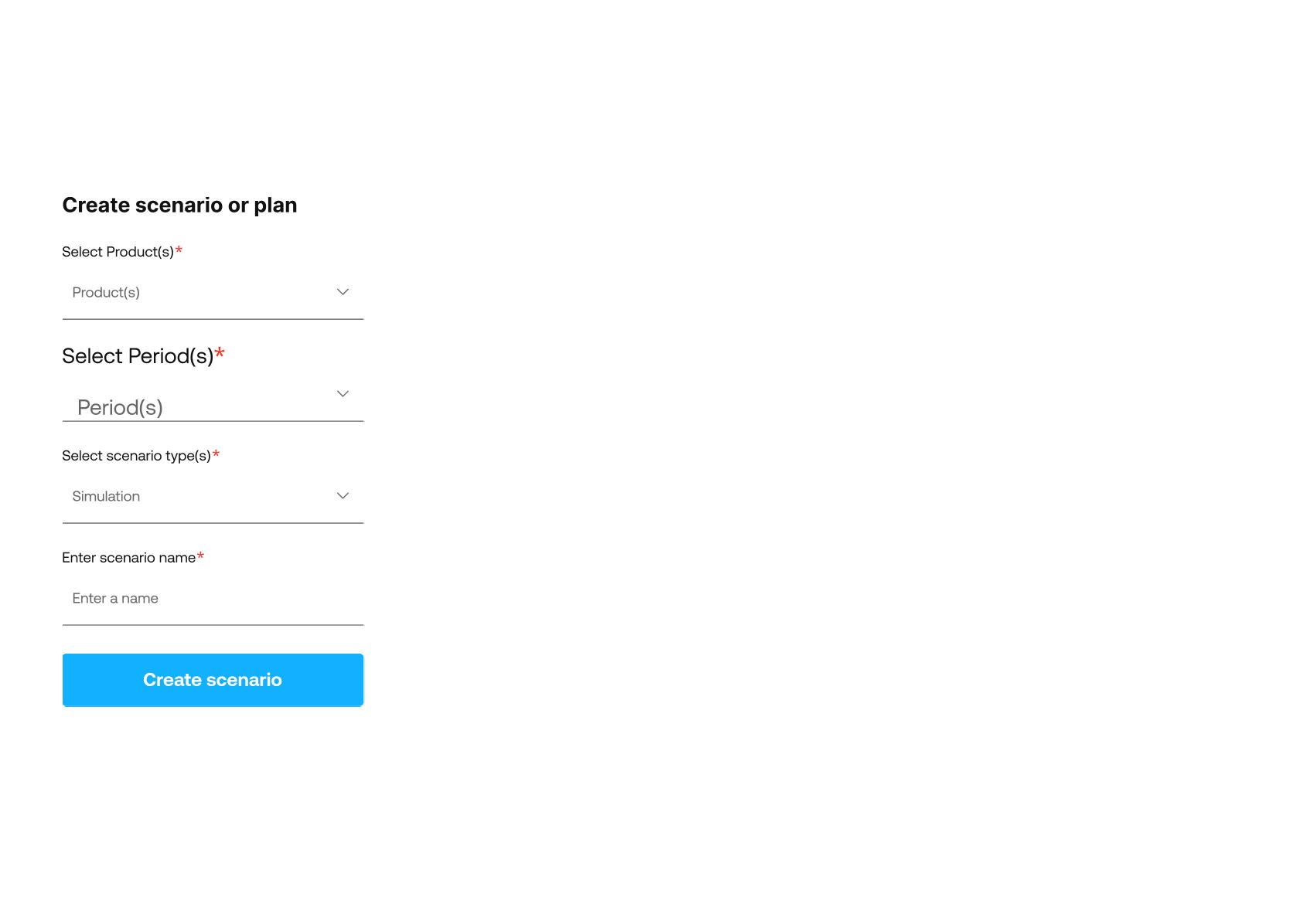 Commercial Analytics GPS Enterprise UI dashboard create scenario or plan sidebar form