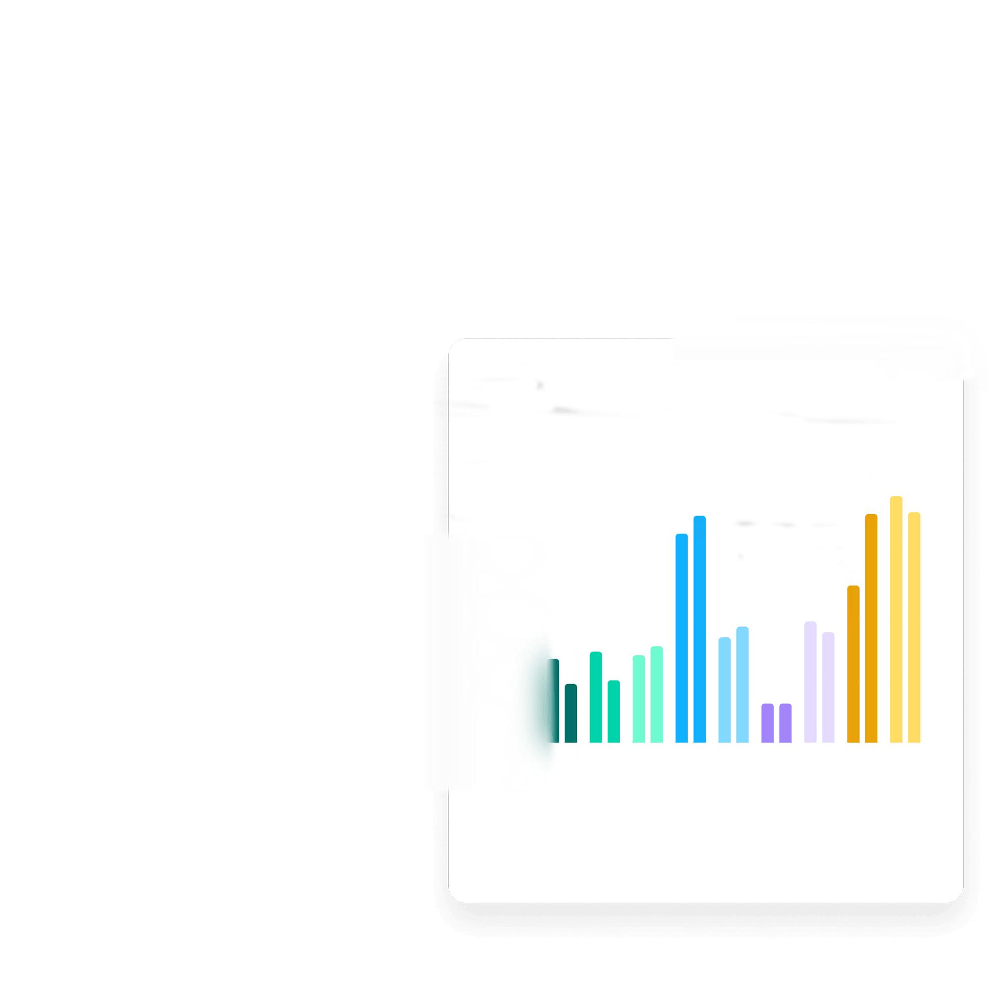 A colorful bar graph is displayed on a tablet screen, showing data with bars in blue, green, yellow, orange, and purple. The tablet is tilted slightly, and the background is mostly blank.