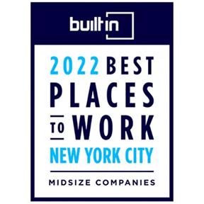 Award badge with the Built In logo and text: 2022 Best Places to Work New York City, Midsize Companies.