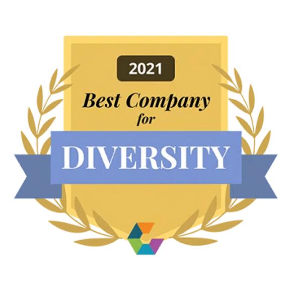 A gold badge with laurel branches reads 2021 Best Company for Diversity in black, gold, and white text on a blue ribbon, with a colorful logo at the bottom.